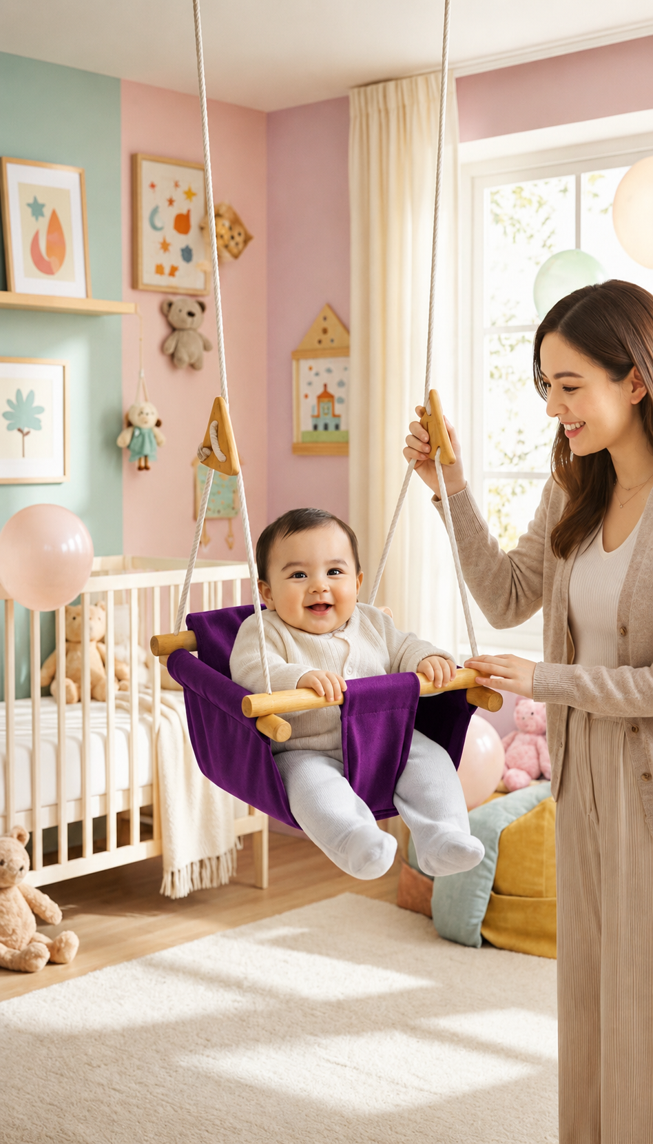 Luxury Baby Indoor Hanging Swing Seat with Wooden Bead Support