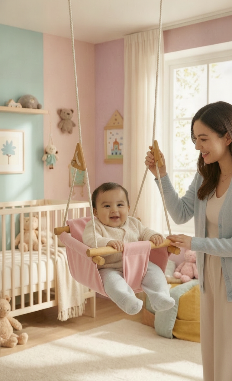 Luxury Baby Indoor Hanging Swing Seat with Wooden Bead Support