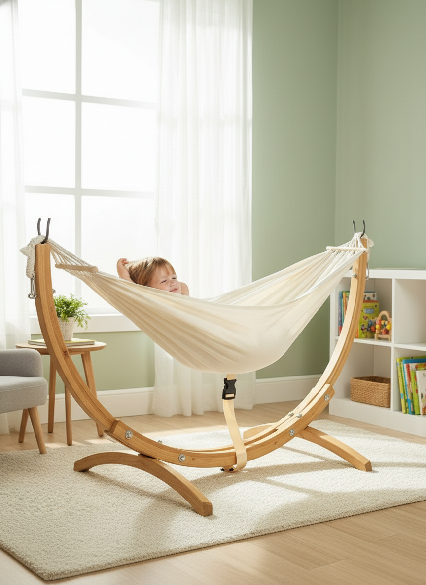 Wooden Baby Hammock with Stand – Indoor Kids Hammock Bed for Nursery & Bedroom (Strong Wooden Frame, Soft Fabric Swing)