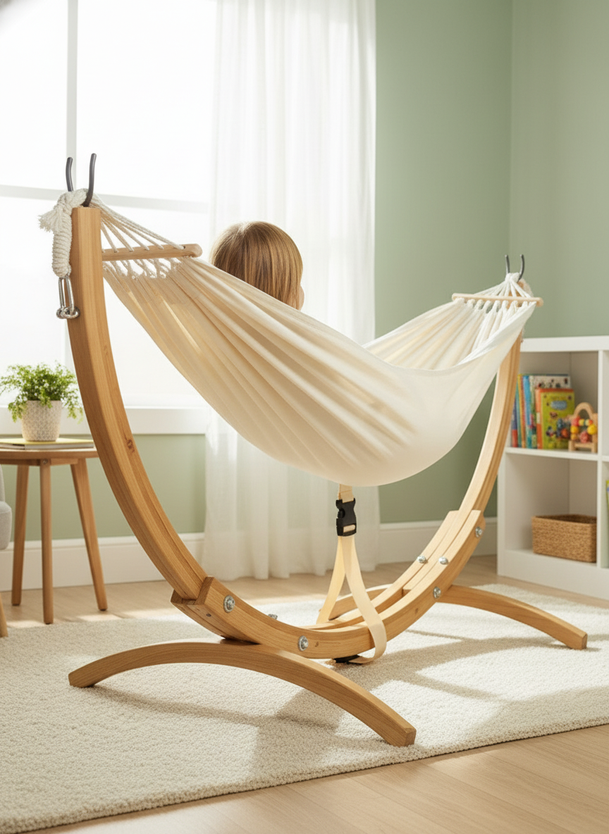 Wooden Baby Hammock with Stand – Indoor Kids Hammock Bed for Nursery & Bedroom (Strong Wooden Frame, Soft Fabric Swing)